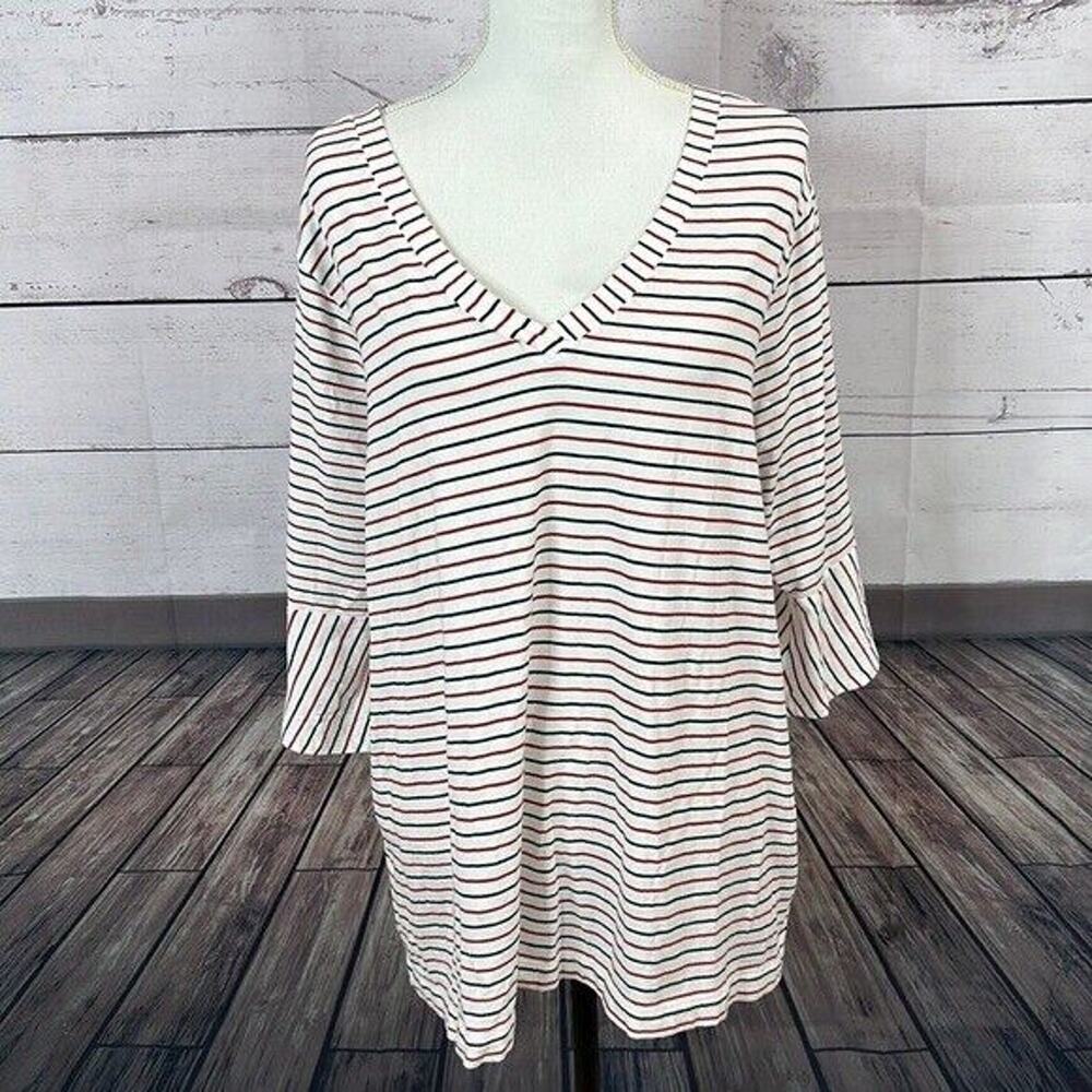 J Jill Shirt Top Womens XL Blue Red Stripe Double V Flutter Sleeve Pima‎ Tunic